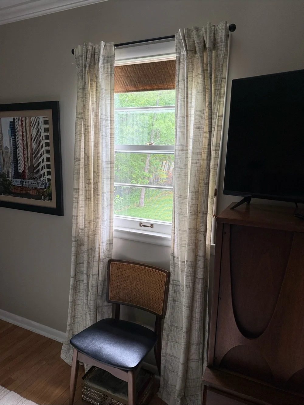 West Elm Cream and Gray Cotton Grid Curtain Panel